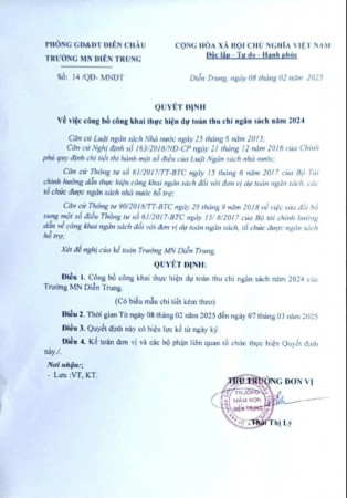 Quyết định công bố công khai thực hiện dự toán thu chi ngân sách năm 2024