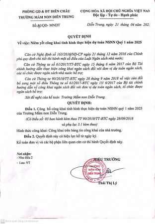 QUYẾT ĐỊNH VỀ VIỆC NIÊM YẾT CÔNG KHAI TÌNH HÌNH THỰC HIỆN DỰ TOÁN NSNN QUÝ I NĂM 2025