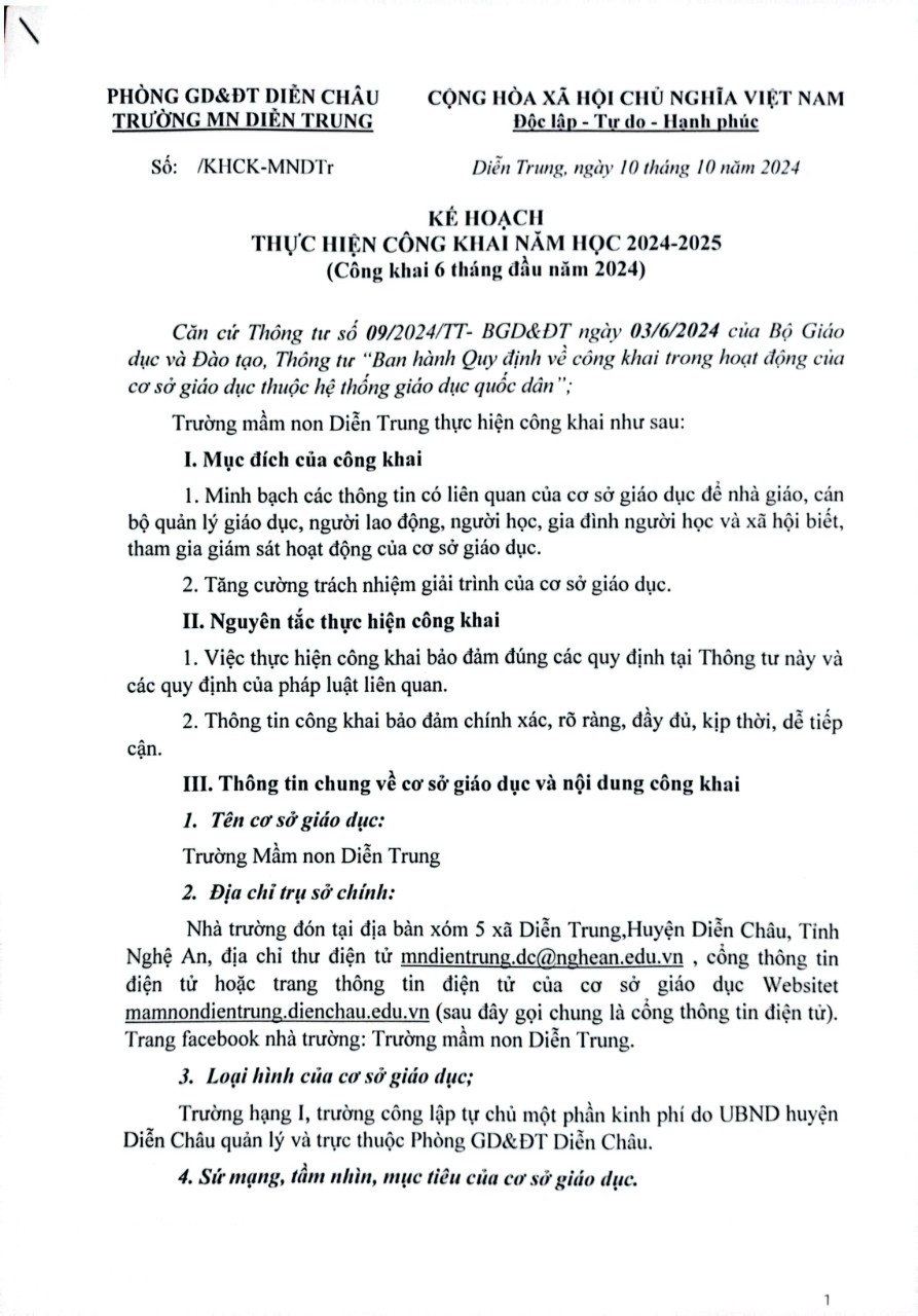 Kế hoạch thực hiện công khai năm học 2024-2025