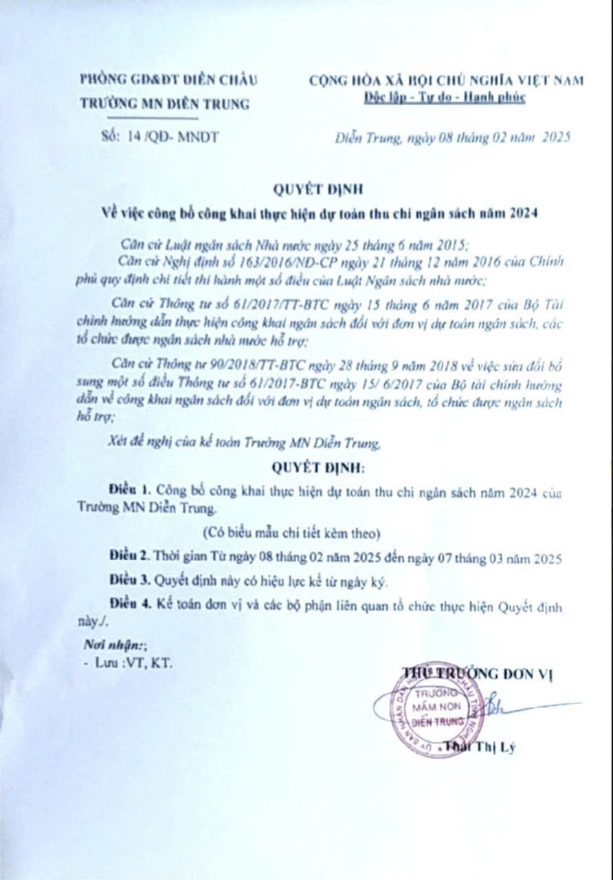 Quyết định công bố công khai thực hiện dự toán thu chi ngân sách năm 2024