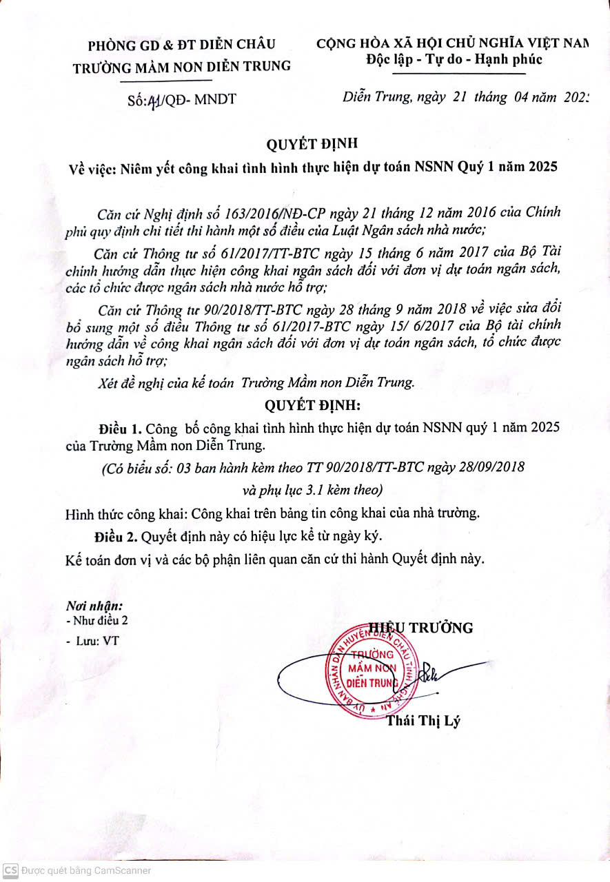 QUYẾT ĐỊNH VỀ VIỆC NIÊM YẾT CÔNG KHAI TÌNH HÌNH THỰC HIỆN DỰ TOÁN NSNN QUÝ I NĂM 2025